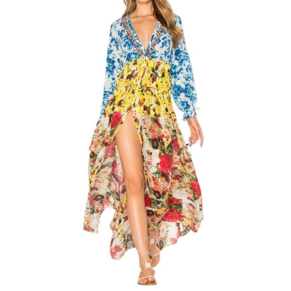 ROCOCO SAND Romantic Floral Tiered Maxi Dress Silk Beaded V-neck  XS